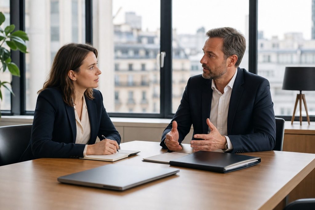 Réunion professionnelle illustrant la différence entre agent de maîtrise et cadre