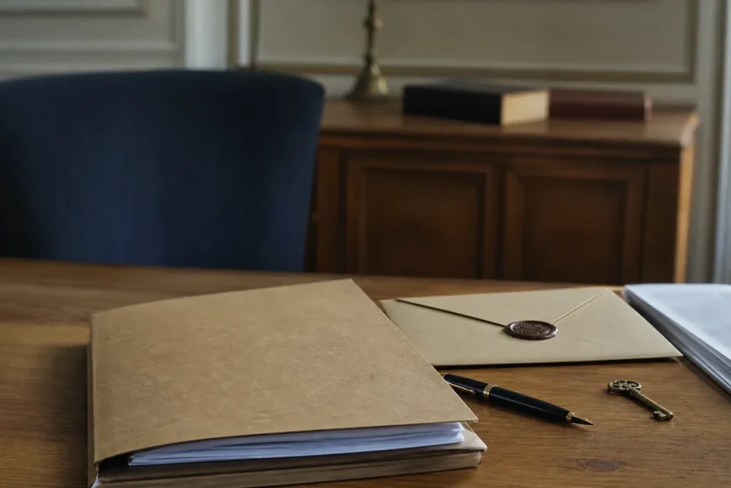 Dossier de succession, enveloppe scellée et documents sur un bureau
