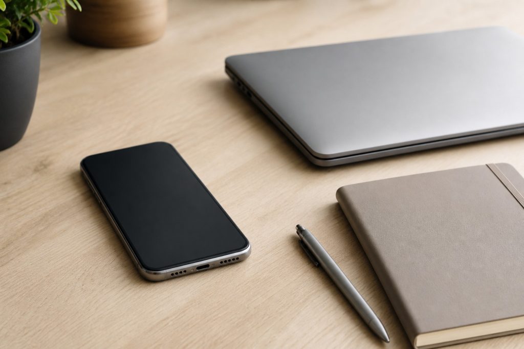 Bureau sobre avec smartphone pour illustrer Certicode Plus