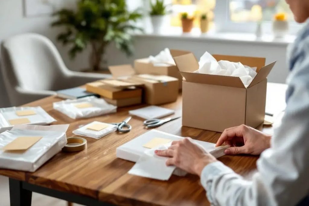Personne examinant une offre de travail à domicile avec des colis
