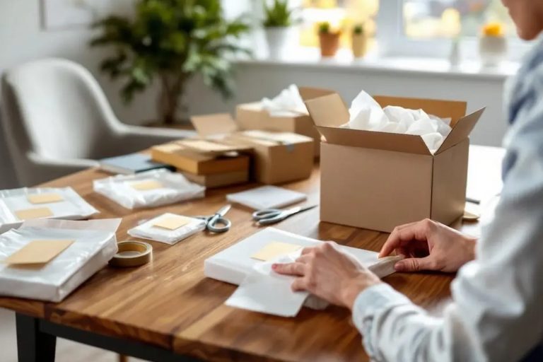 Personne examinant une offre de travail à domicile avec des colis