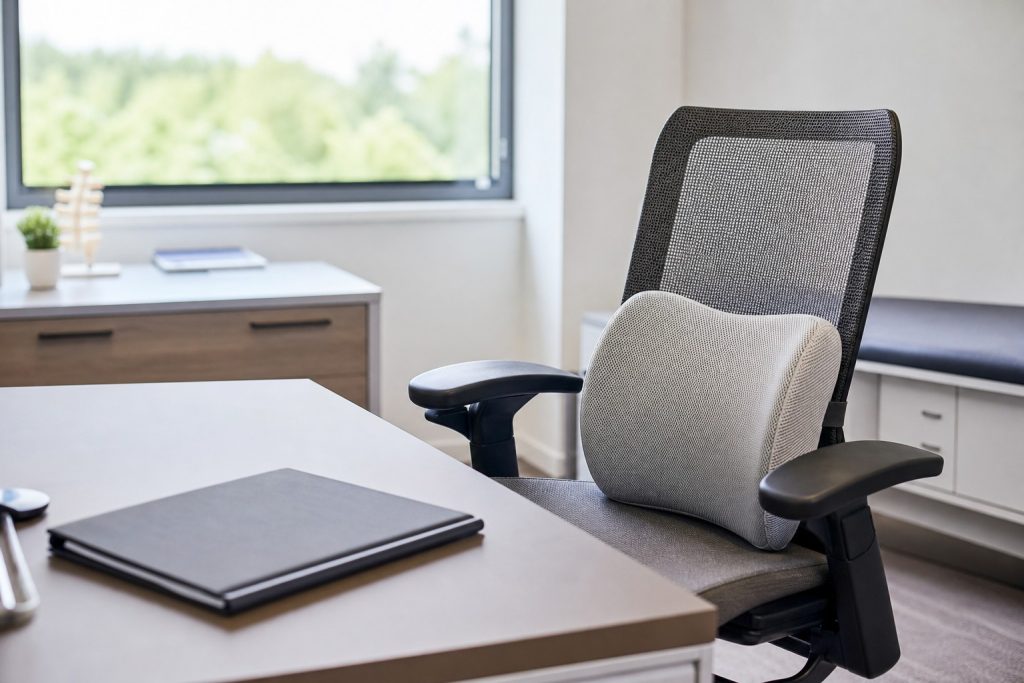 Chaise ergonomique avec coussin lombaire dans un bureau médical
