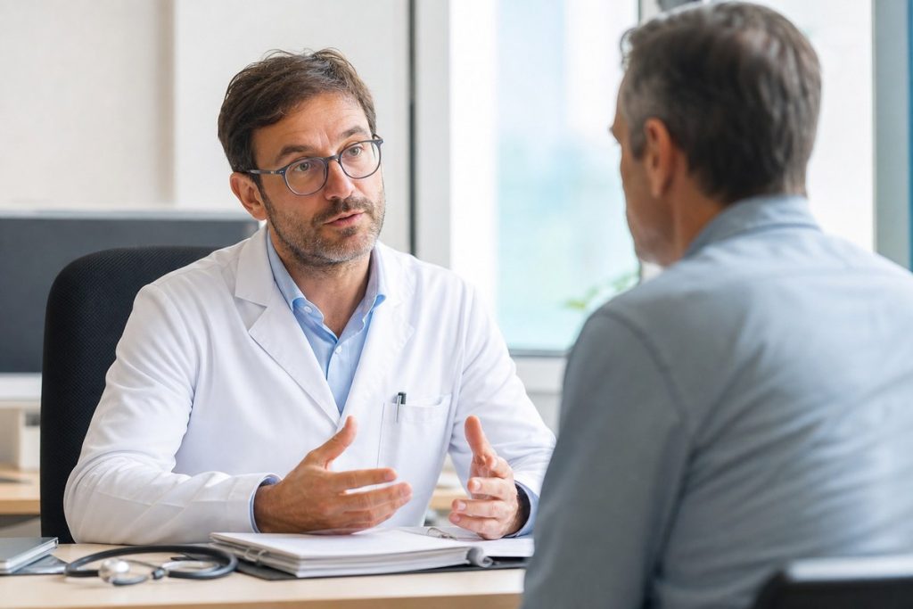 Patient échangeant avec un professionnel de santé après une intervention cardiaque