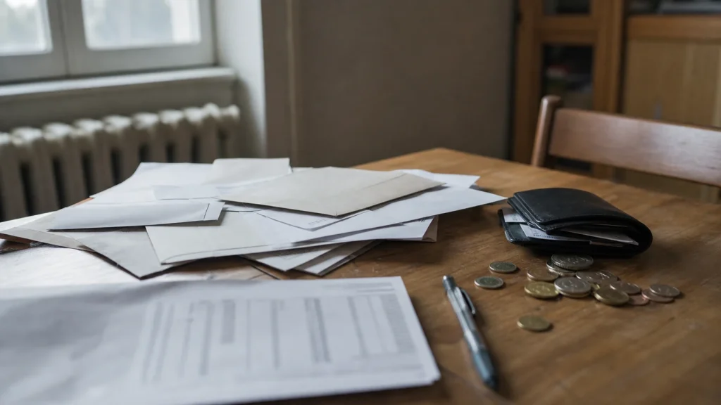 Courriers administratifs, portefeuille et pièces sur une table