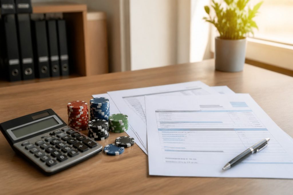 Calculatrice, jetons de casino et documents fiscaux pour illustrer la fiscalité des gains